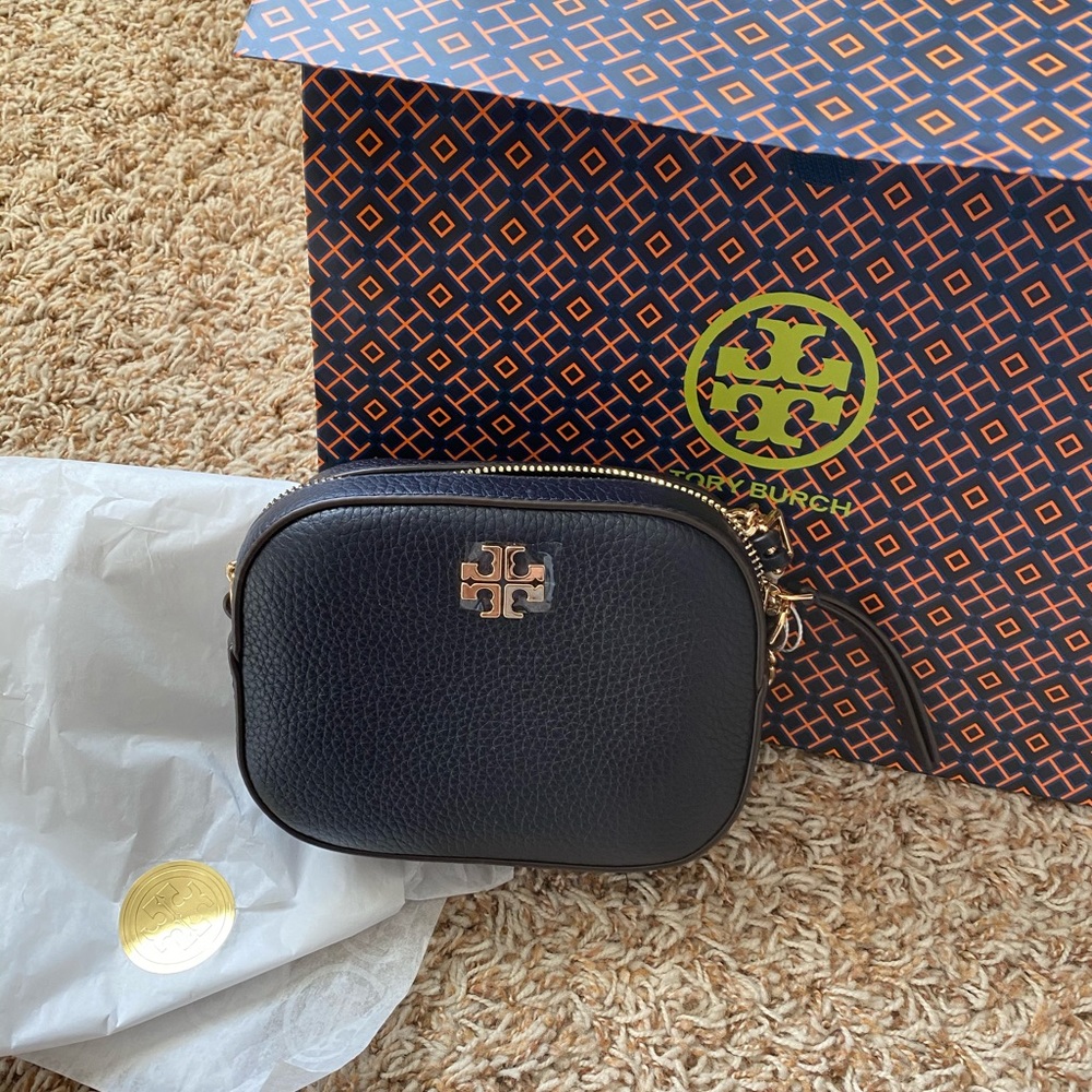 Tory Burch Black Pebbled Leather Mini Camera Crossbody with Gold Logo